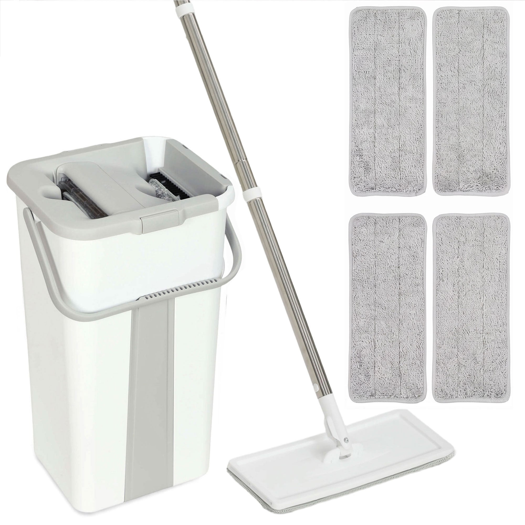 HOMCOM Mop and Bucket Set, Flat Mop System with Wringer, 2 Chambers, White, White