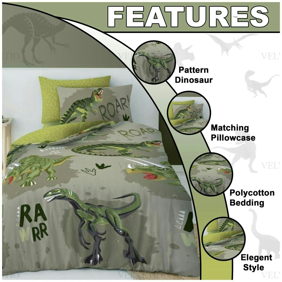 image 1 of VELVETIO Kids Roar Dinosaur Duvet Cover Set Printed Beddings Multi | Single