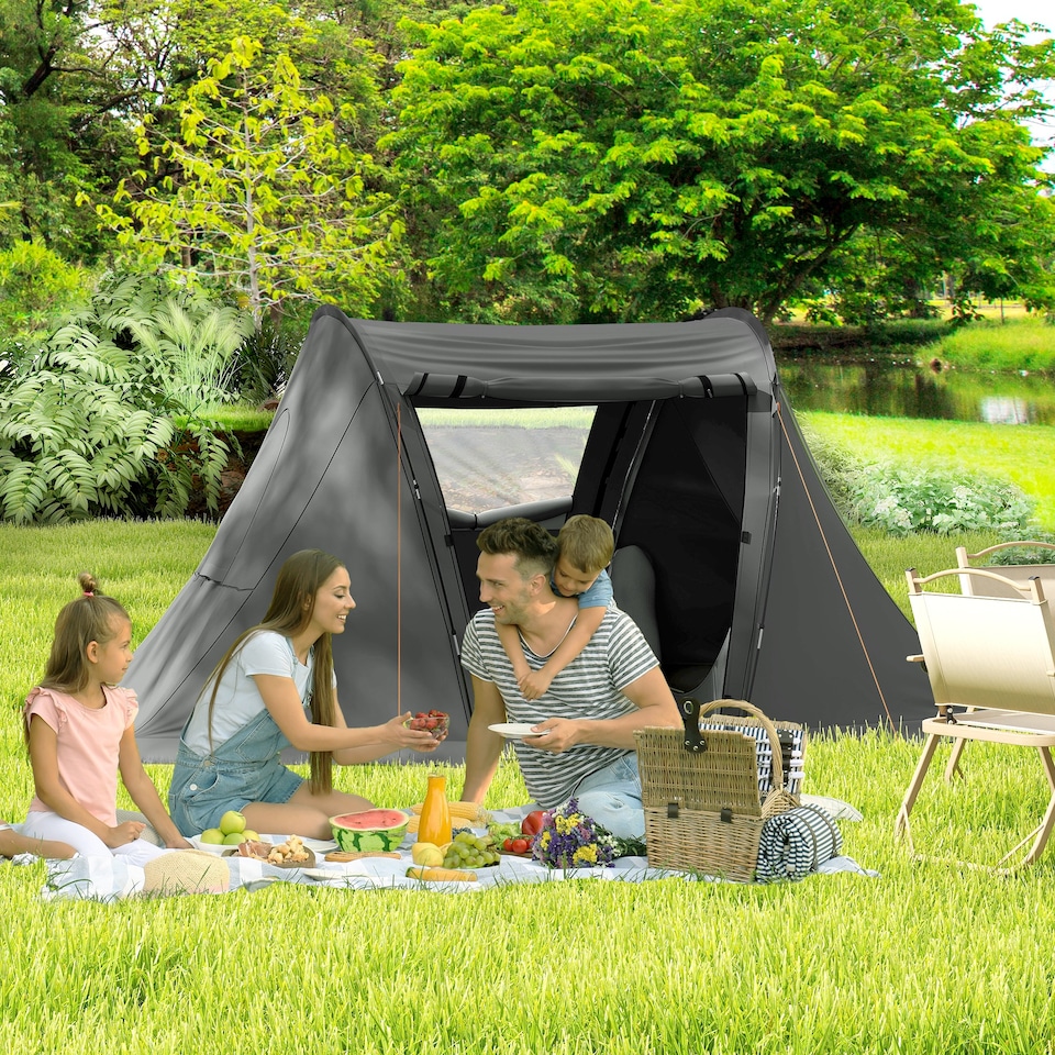 image 1 of Outsunny 3 Man Camping Tent with 2 Bedrooms, 3000mm Waterproof, Grey | Grey | Dark Grey | 323L x 240W x 160H cm