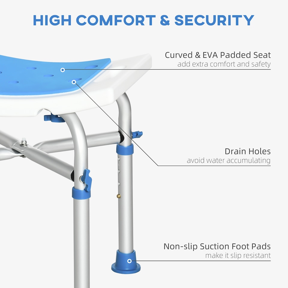 image 1 of HOMCOM Shower Chair for the Elderly and Disabled, Adjustable Padded Shower Stool with Built-in Handle and Non-slip Suction Foot Pads, Blue