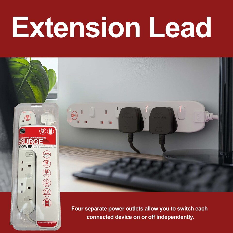image 1 of Masterplug 4 Socket Surge Protected Extension Lead With Individual Switches