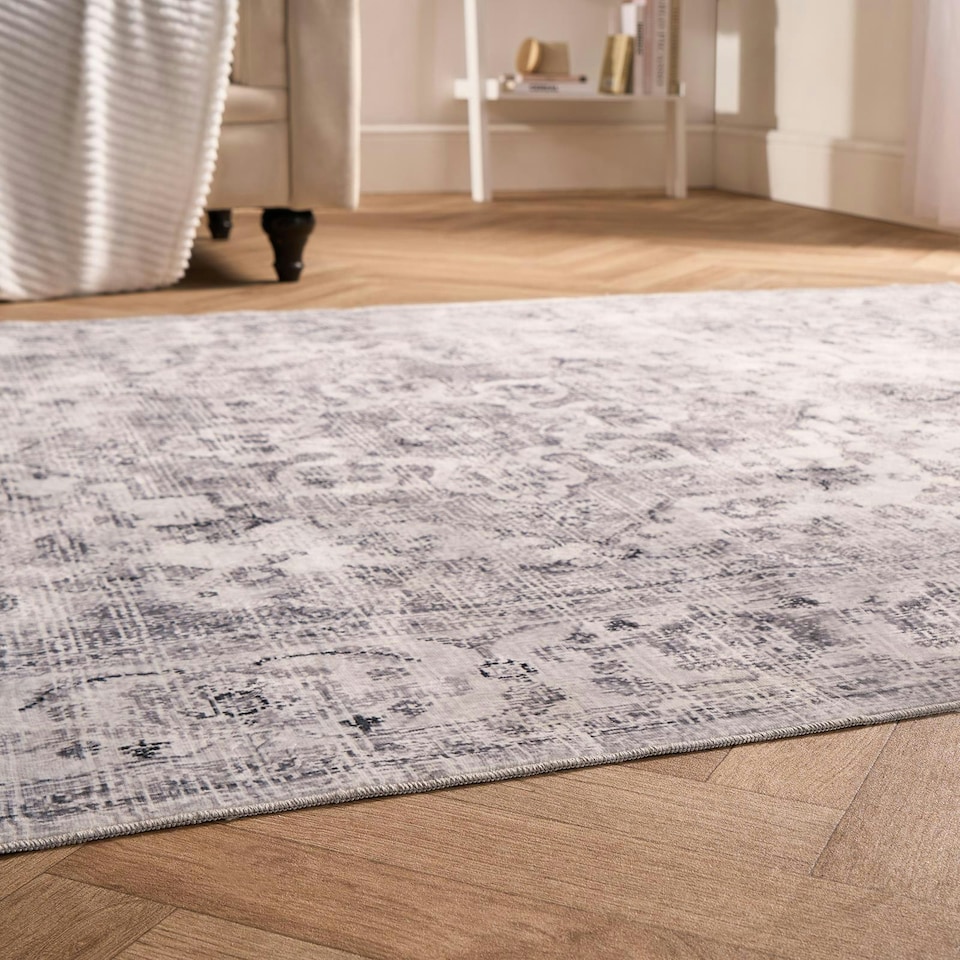 image 1 of OHS Vintage Print Washable Indoor Carpet Floor Rug, 80x150cm - Grey