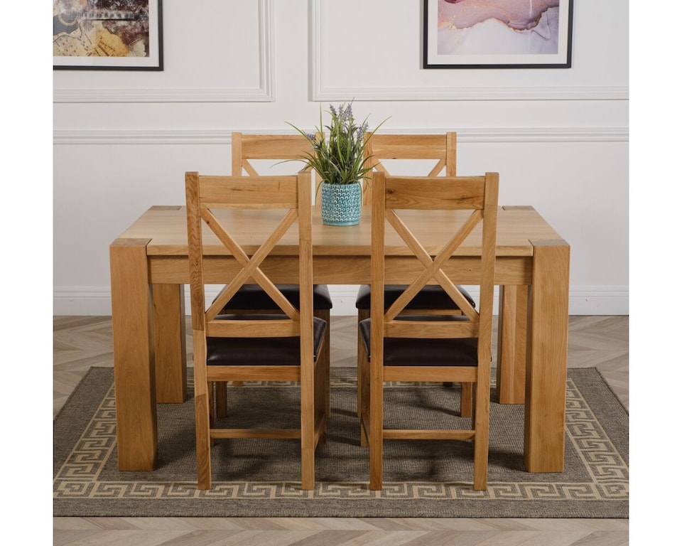 image 1 of Kuba 150x85 cm Chunky Medium Oak Dining Table and 4 Berkeley Leather Chairs | Brown | Brown