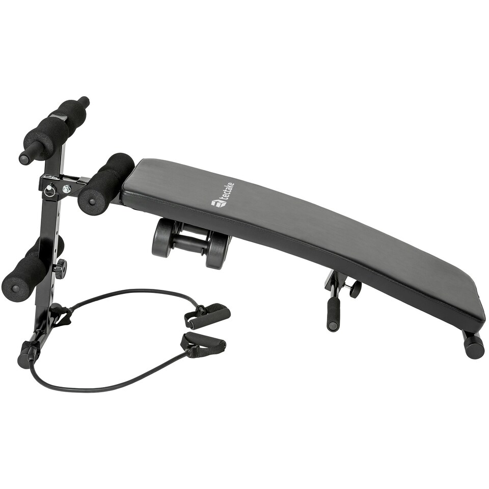 image 1 of Sit-Up Bench Cuttler - 6 positions, padded leg brace, foldable, inc. 2 dumbbells and elastic bands
