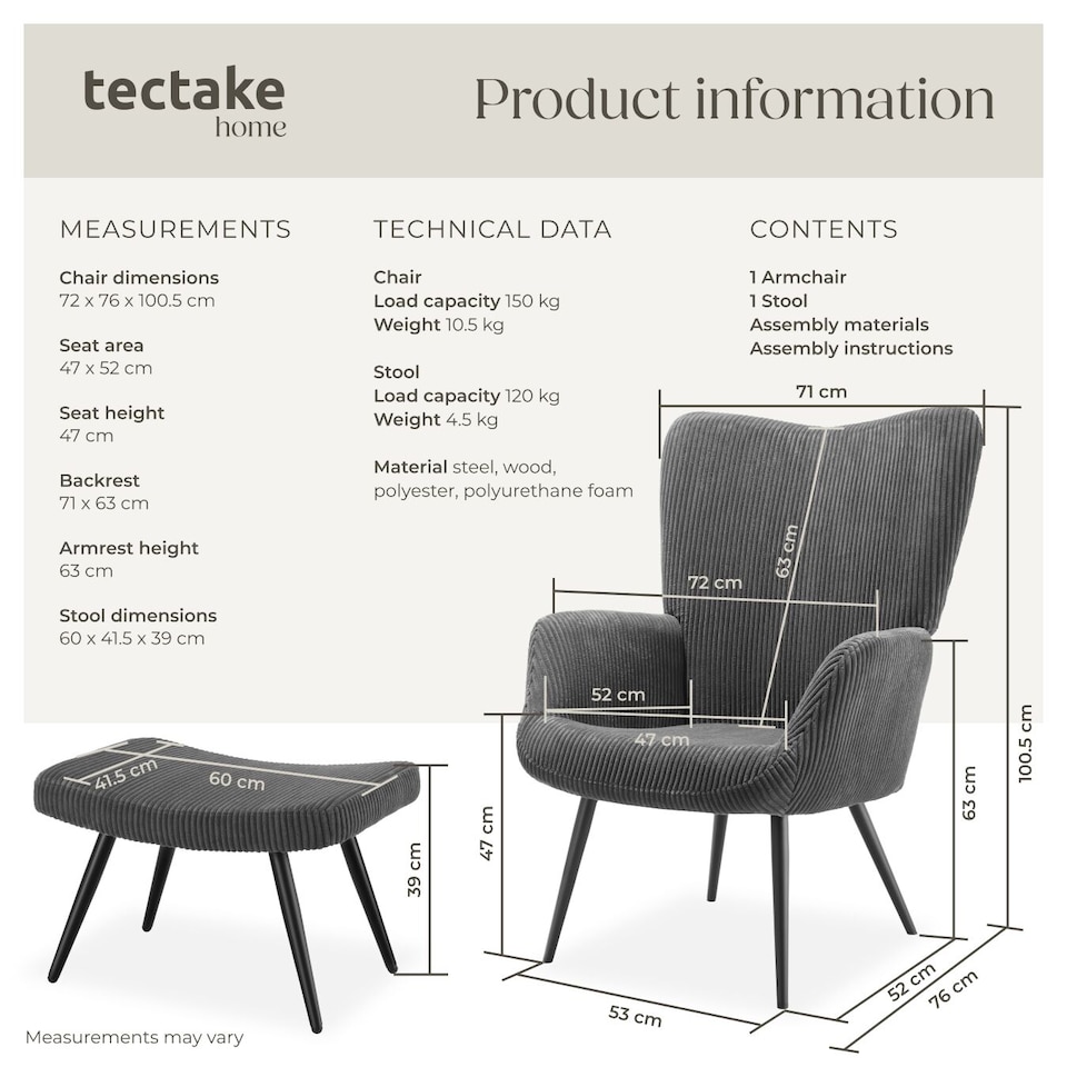 image 1 of Armchair Hygge - padded, armrests and ergonomic backrest, 150 kg load capacity | Grey | Wide cord anthracite/black | One Size | 1