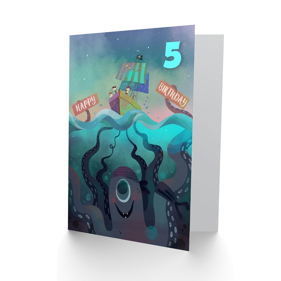 image 1 of Pirate Ship Octopus Cartoon Age 5 Year Old Child Kids 5th Birthday Card