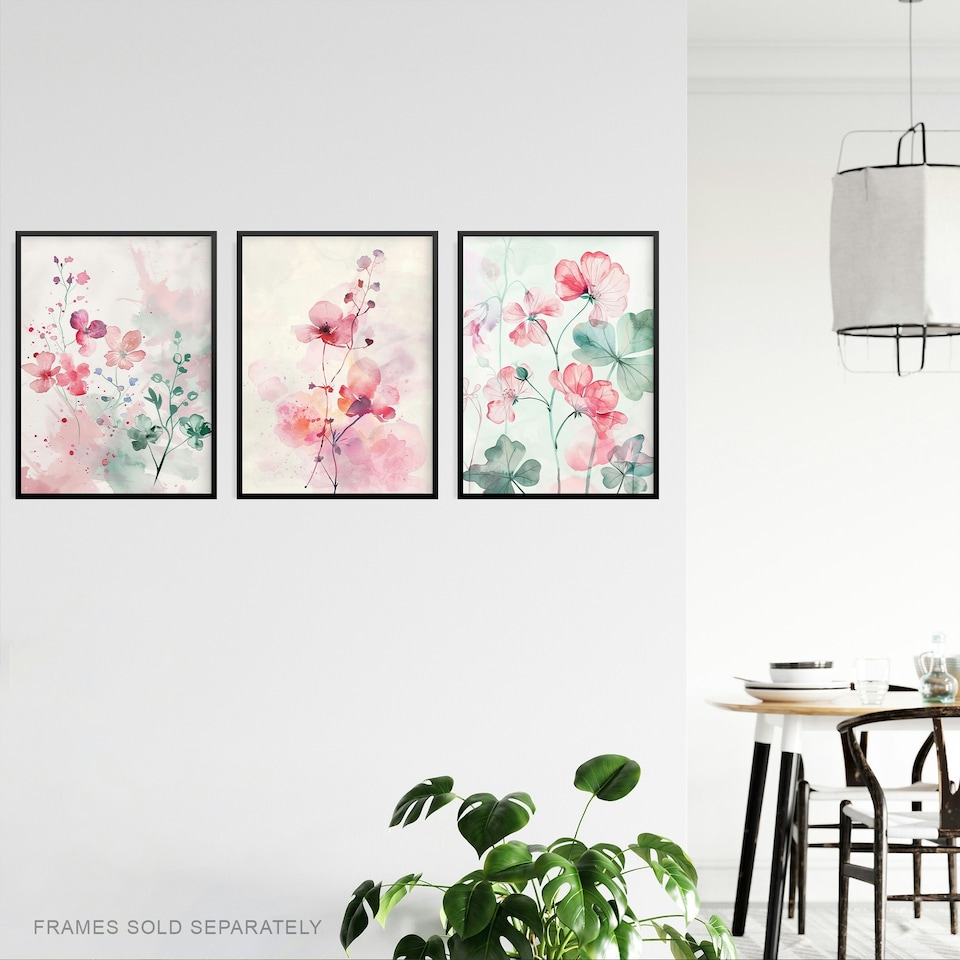 image 1 of Set of 3 Light Watercolour Geranium Flowers Living Room 12X16 Inch Wall Art Prints Pack