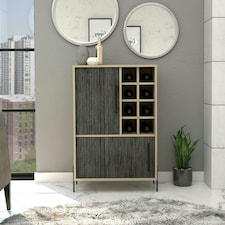 Harvard Washed Oak and Wood Grain Grey Effect 2-Door Drinks Bar - Modern Storage Cabinet | Brown | Brown | 1