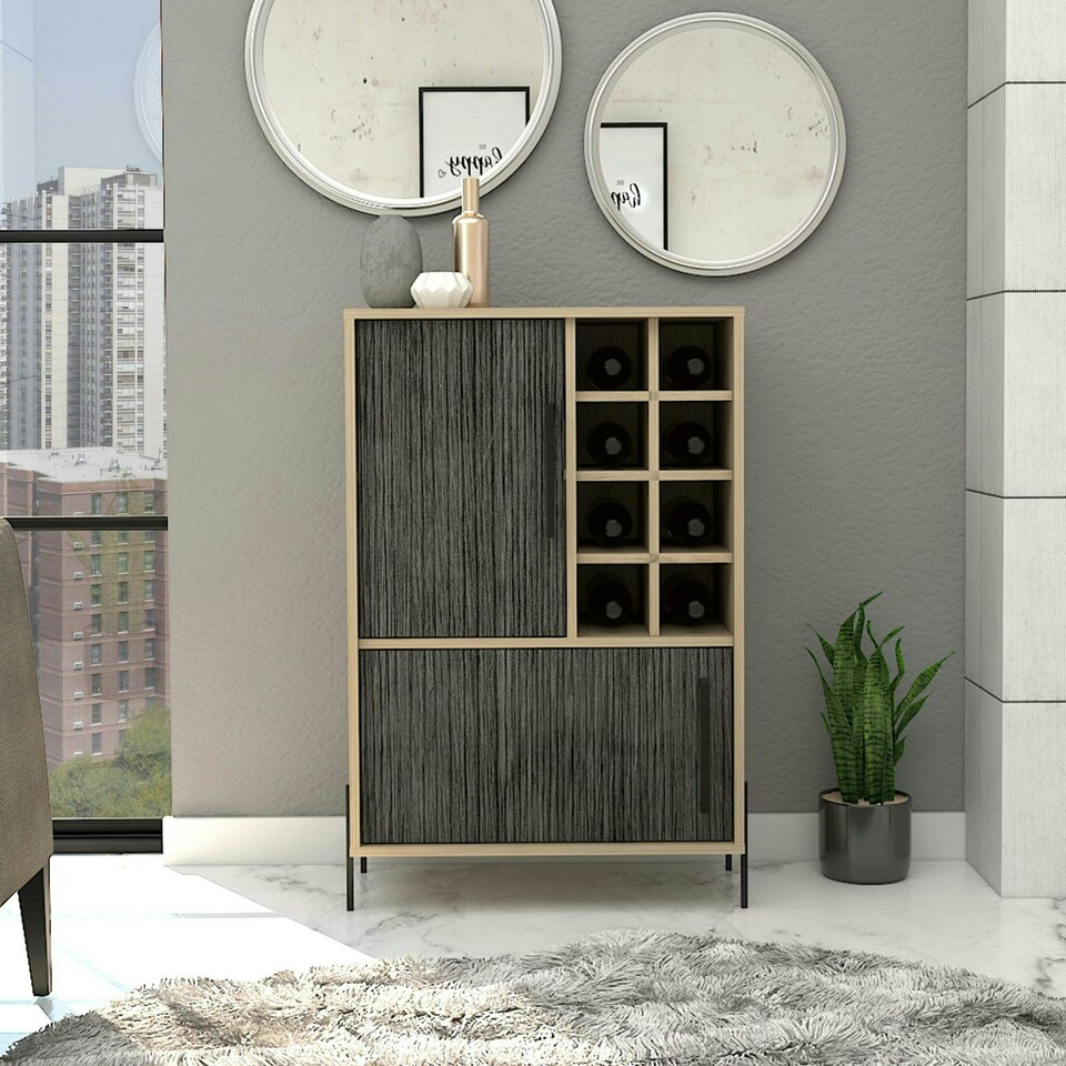 image 1 of Harvard Washed Oak and Wood Grain Grey Effect 2-Door Drinks Bar - Modern Storage Cabinet | Brown | Brown | 1