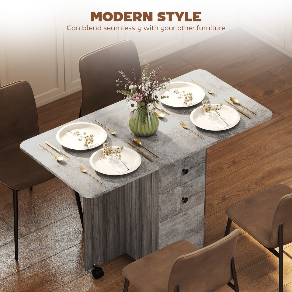 image 1 of HOMCOM Folding Dining Table for 4-6, Rolling Drop Leaf Table on Wheels with Storage Drawers, Cabinet and Open Shelf for Kitchen, Dining Room, Grey Marble Effect