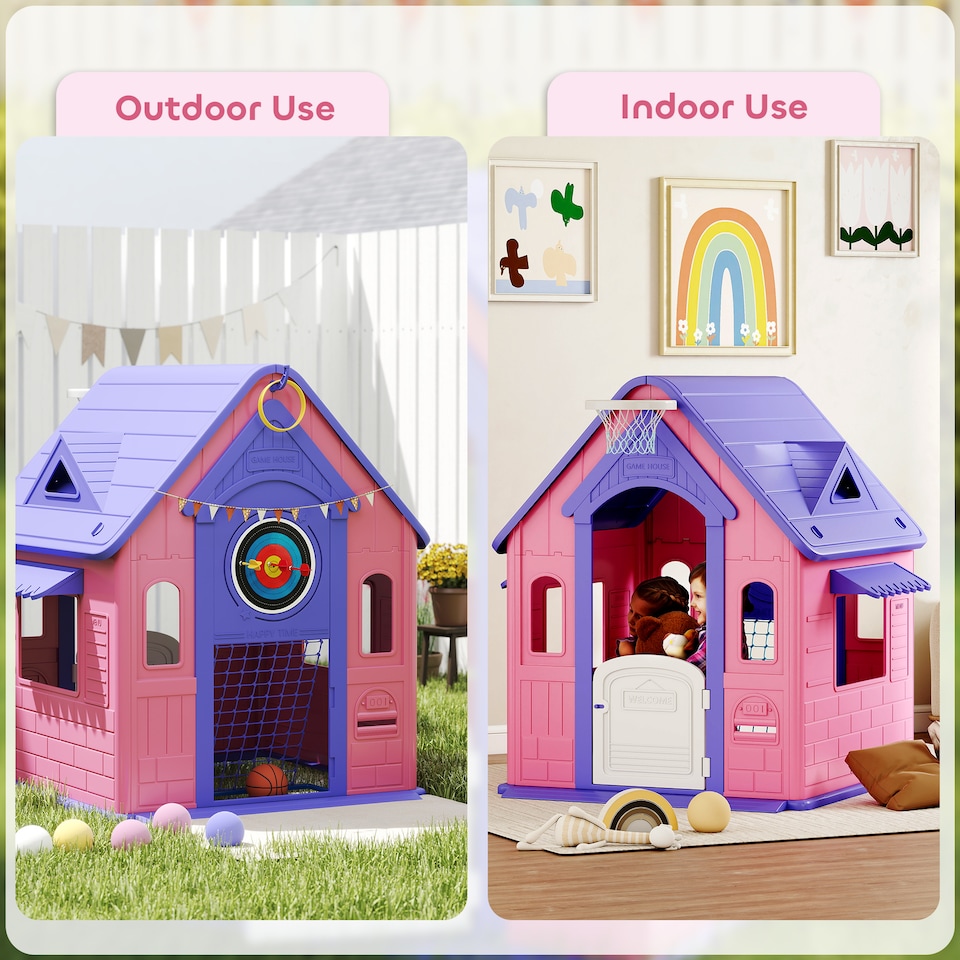 image 1 of AIYAPLAY 5-in-1 Playhouse for Kids Outdoor Indoor, Garden House with Basketball Hoop, Football, Dartboard, Ring Toss, Wendy House for Kids 2-5 Years Old | Pink