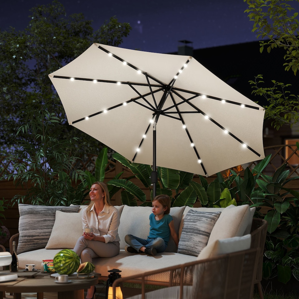 image 1 of Outsunny 2.7m Garden 24 LED Light Parasol Solar Outdoor Tilt Sun Umbrella Patio Club Party Event Manual Sun Shade w Hand Crank and 8 Ribs, Offwhite
