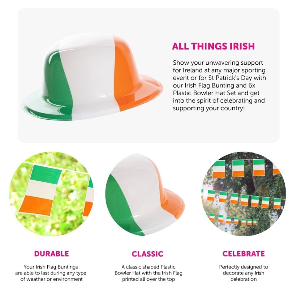 image 1 of 6x Irish Flag Bowler Hat & Bunting Green | One Size