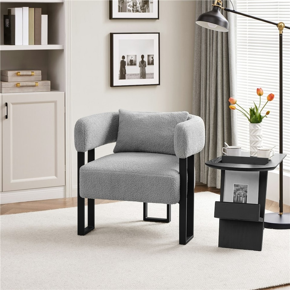 image 1 of Yaheetech Boucle Barrel Accent Chair with Metal Legs Lumbar Pillow | Grey