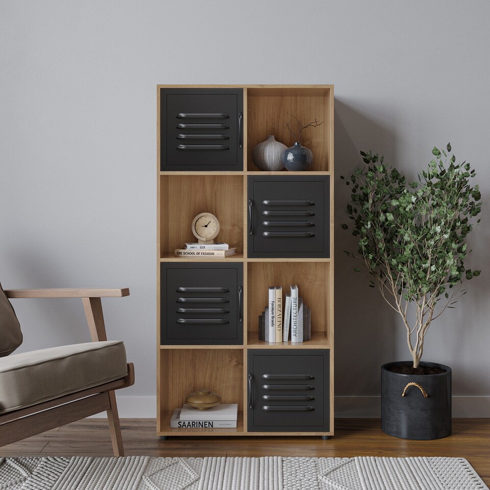 image 1 of 8-Cube Shelving Unit With Metal Doors | Brown | Oak & Black | 1
