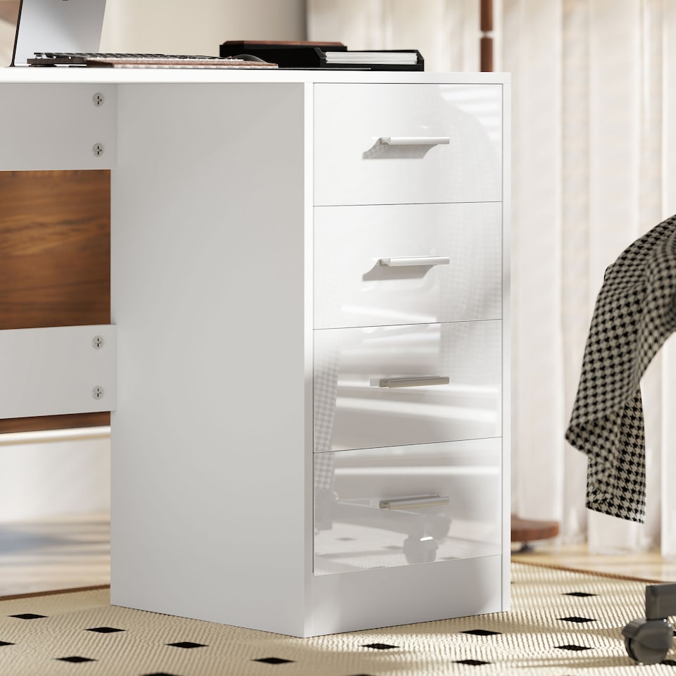 image 1 of HOMCOM Computer Desk with Drawers, Dressing Table, High Gloss Home Office Writing Workstation, White