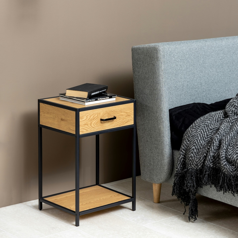 image 1 of Seaford Bedside Table with 1 Drawer in Black & Oak