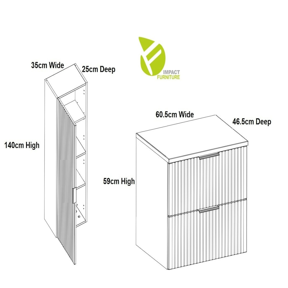 image 1 of Bathroom Furniture Set Black 600mm Vanity Countertop Unit + Tallboy Ribbed Wall Floating Cabinets - Adel