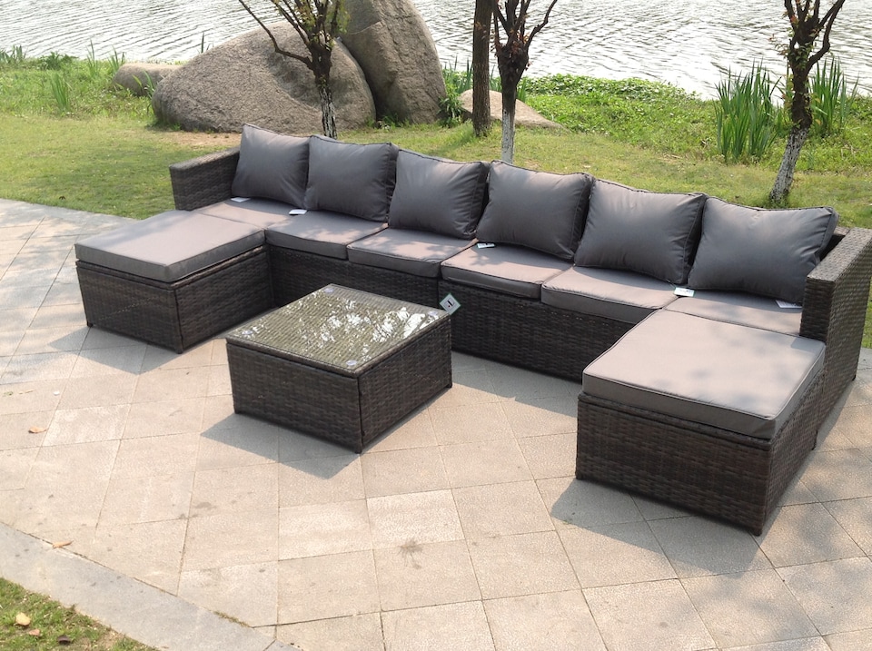image 1 of Fimous 8 Seater Lounge Wicker Rattan Sofa Set Footstool Table Outdoor Garden Furniture With 2 Footstools