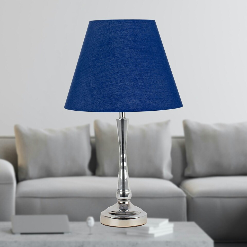 image 1 of Chrome Table Lamp with Stem Detail and Navy Blue Shade Chrome | Blue