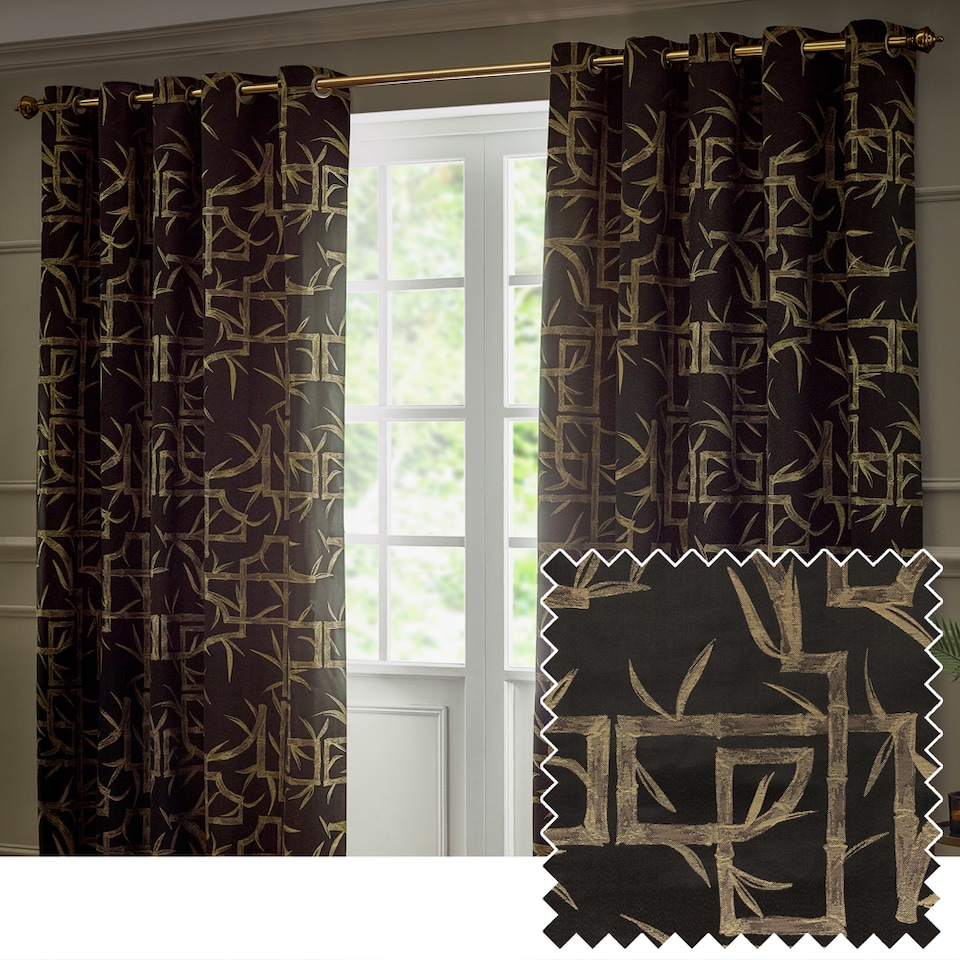 image 1 of Paoletti Bamboo Fully Lined Jacquard Eyelet Curtain Pair, 229cm width x 229cm drop | Black | Black | 1