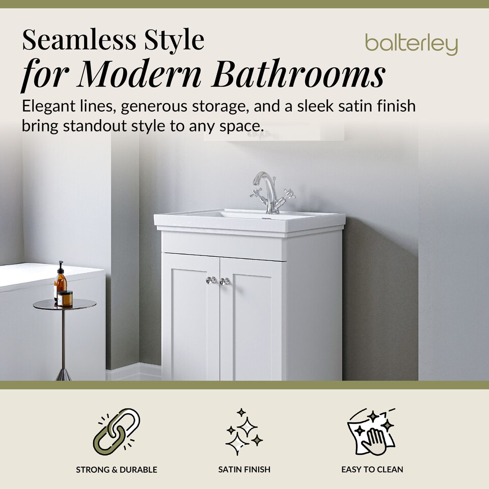 image 1 of Balterley Classic Traditional Bathroom Floor Standing 2-Door Vanity Unit & Fireclay Basin | White | Satin White