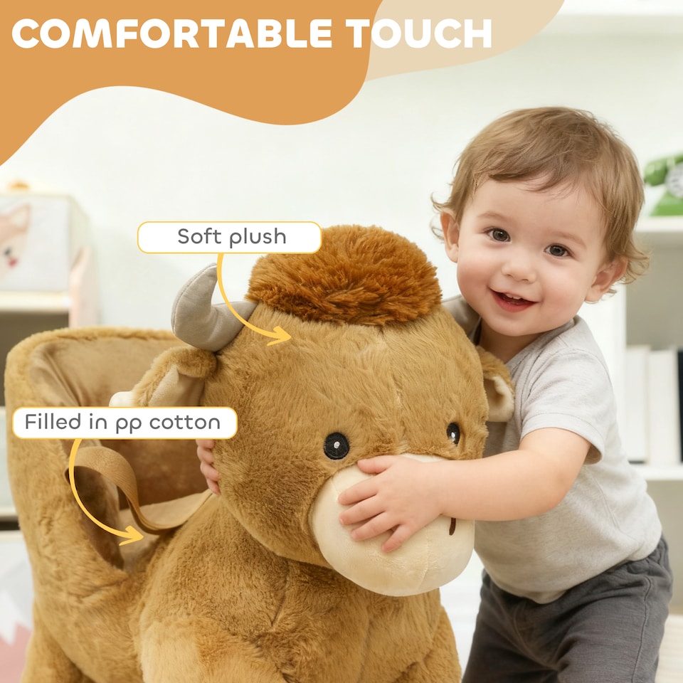 image 1 of AIYAPLAY Baby Rocking Horse, Plush Ride on Cow Seat for Toddlers 1-3 Years with Song, Safety Belt, Wood Base, Animal Rocker for Children, Brown