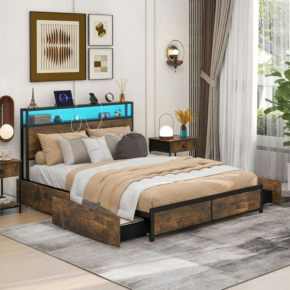 image 1 of COSTWAY King Size Bed Frame Metal Platform LED Lights