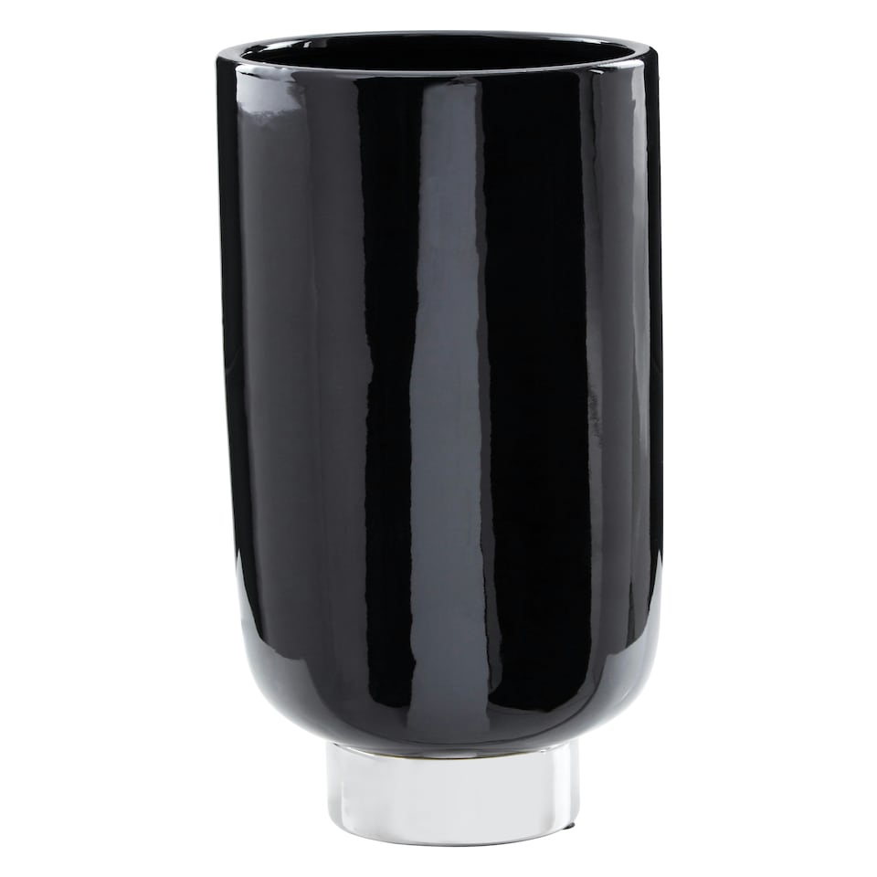 image 1 of Interiors by Premier Black and Silver Small Pedestal Vase, Glossy Stoneware Vase With Metallic Silver Base, Decorative Vase Black