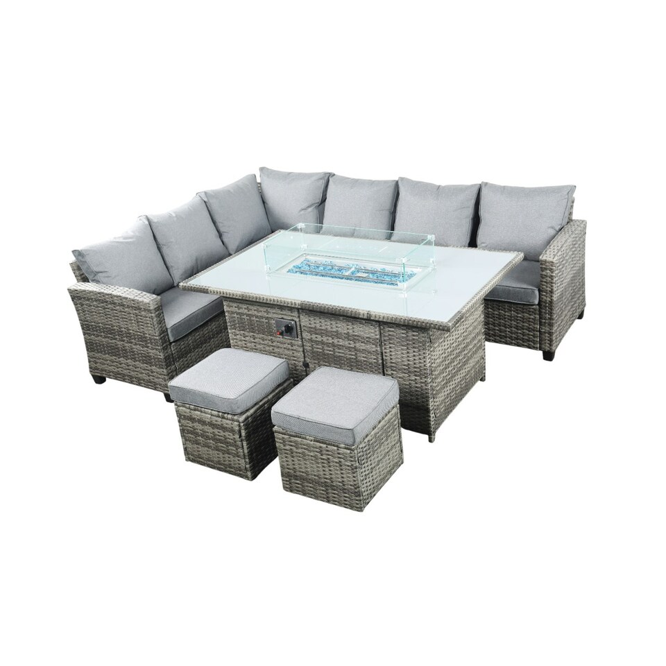 image 1 of The Conwy 8 Seat Corner Gas Firepit Rattan Dining Set - Dark Grey