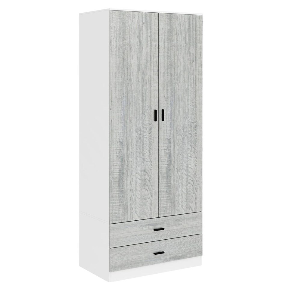 image 1 of 2-Door 2-Drawer Wardrobe with Storage Shelf, and Hanging Space - 180x75x46cm | White | White & Ash Grey | 1