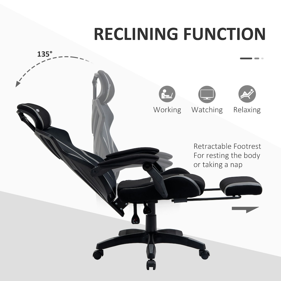 image 1 of Vinsetto Mesh Task Swivel Chair Office Desk Recliner w/ Lumbar Support, Grey