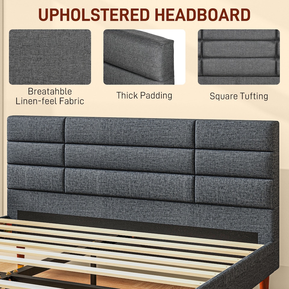 image 1 of HOMCOM 5ft King Bed Frame with Underbed Storage, Upholstered Platform Bed Frame with Tufted Headboard and Wood Slat Support, No Box Spring Needed, Easy Assembly, Grey