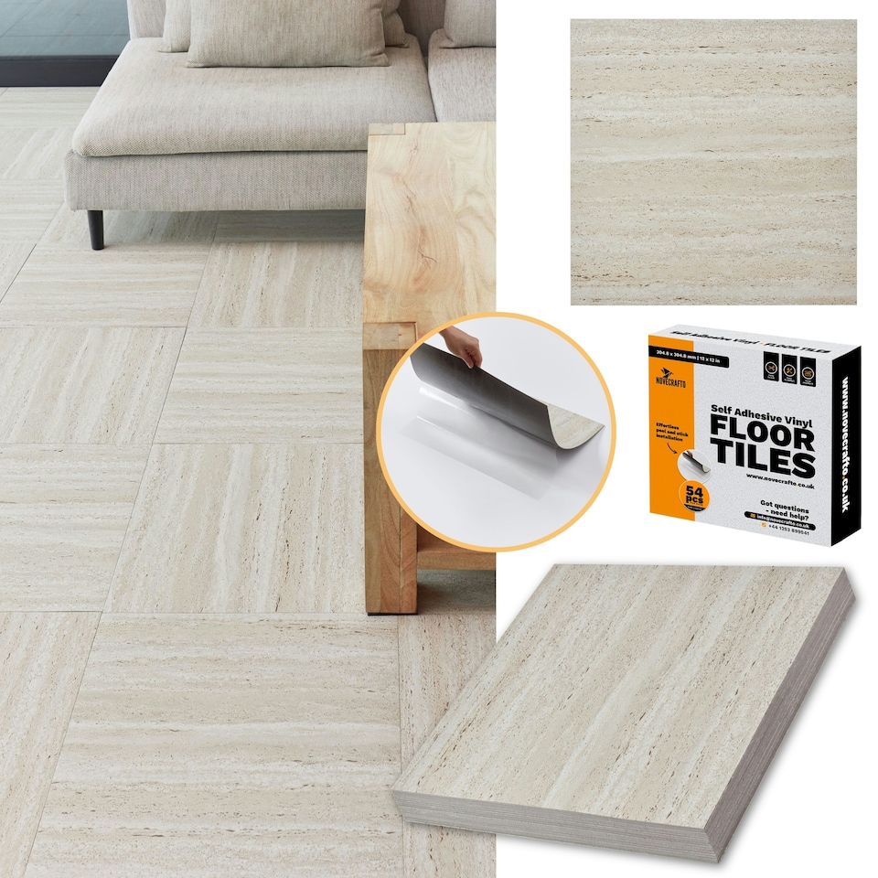 image 1 of NOVECRAFTO Vinyl Floor Tile – Self Adhesive 18x18 in – Travertine Dune – Peel & Stick for Kitchen, Bathroom & Living Room – Waterproof & Easy DIY Brown | 2.09 sqm