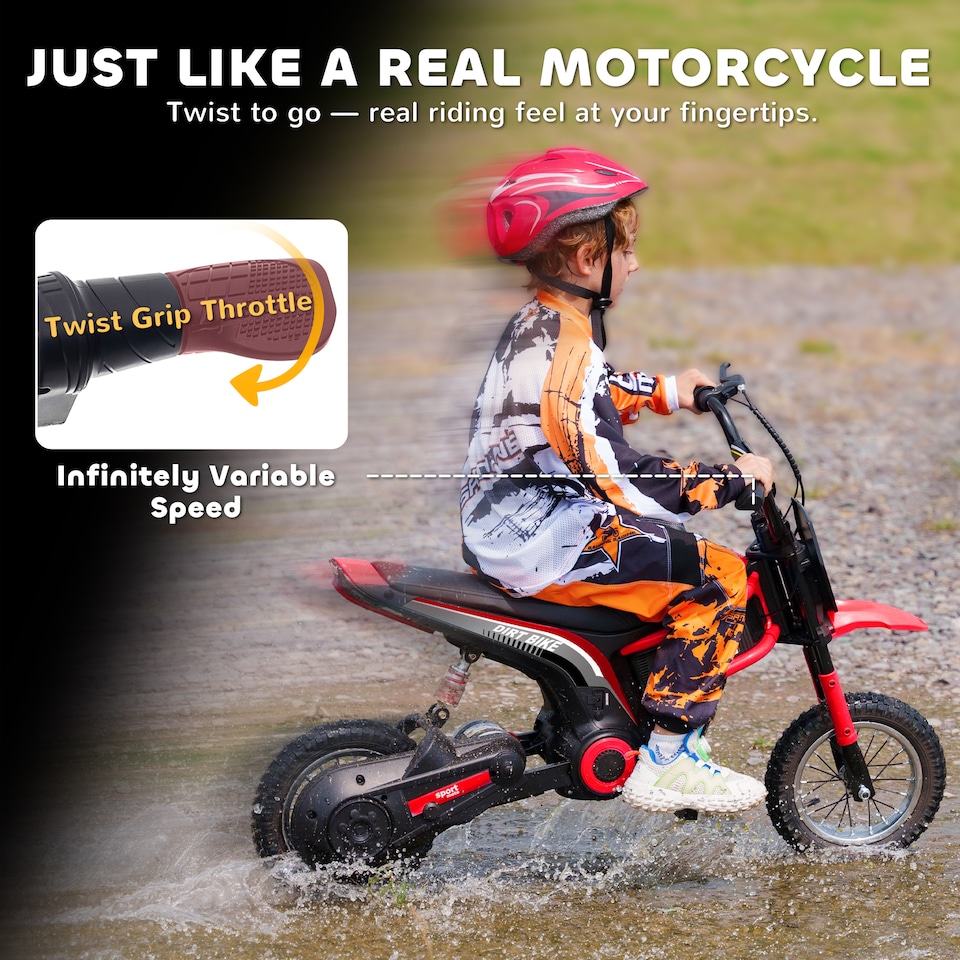 image 1 of HOMCOM 24V Kids Electric Motorbike with Twist Grip Throttle, Music, Horn, 12 Pneumatic Tyres, Max Speed 16kmithh, for Ages 8-12 Years - Red