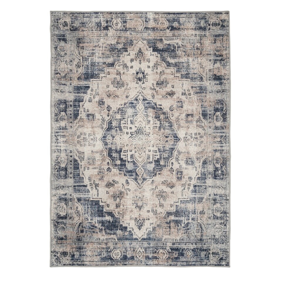 image 1 of Beige Blue Distressed Vintage Medallion Washable Living Room Area Rug-160x230cm