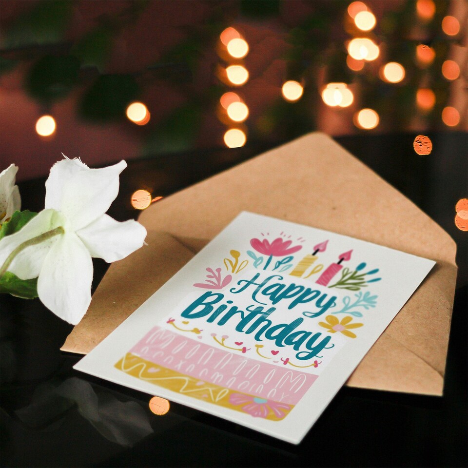 image 1 of Flowers Candles Floral Cake Illustration For Her Birthday Card