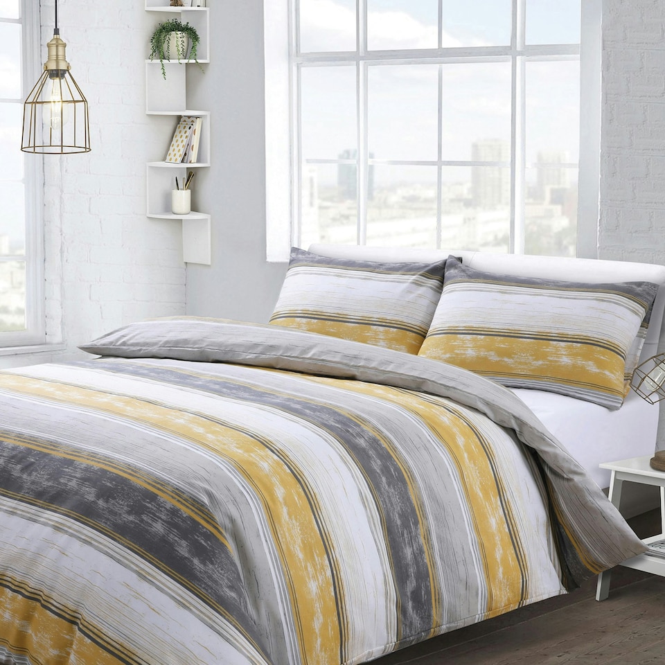 image 1 of Velosso Brooklyn Stripe Printed Cotton Blend Duvet Cover and Pillowcase Set Yellow | Single