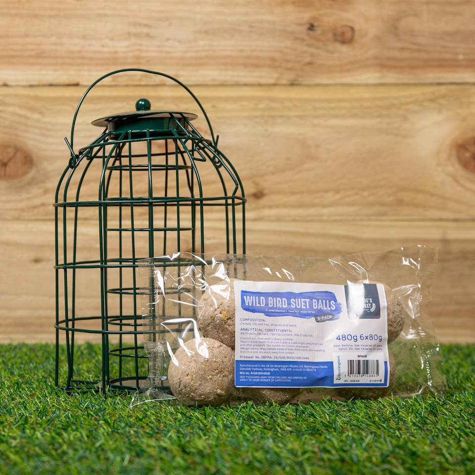 image 1 of Samuel Alexander Metal Hanging Bird Fat Ball Feeder with Squirrel Guard & Pack of 6 Suet Fat Balls