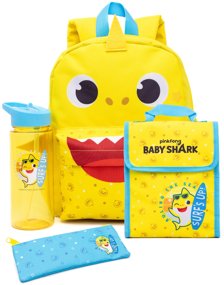 image 1 of Baby Shark Backpack and Lunch Box Set for Toddlers | Boys Girls 4 Piece Song Rucksack, Lunch Box, Pencil Case, Water Bottle | Yellow Blue 3D Shark Fins | Multi | Multicoloured