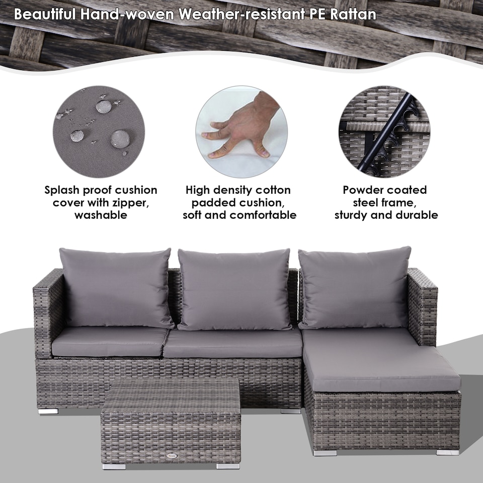 image 1 of Outsunny 3 Pieces Rattan Garden Furniture Sofa Set, 4 Seater Garden Corner Sofa with 5-Level Reclining Sun Lounger and Storage Coffee Table, Outdoor Furniture Conservatory Set with Cushions, Grey