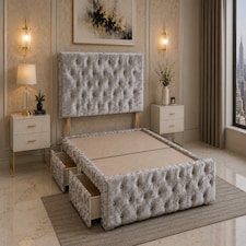Brooklyn Divan Bed with Upholstered Headboard & Footboard Base - Small Double Silver Crush 2 Drawers Storage Right Side in Bed