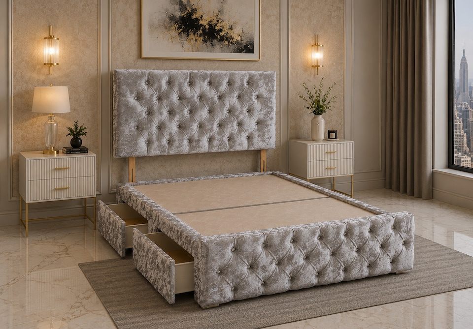 Brooklyn Divan Bed with Upholstered Headboard & Footboard Base - Small Double Silver Crush 2 Drawers Storage Right Side in Bed