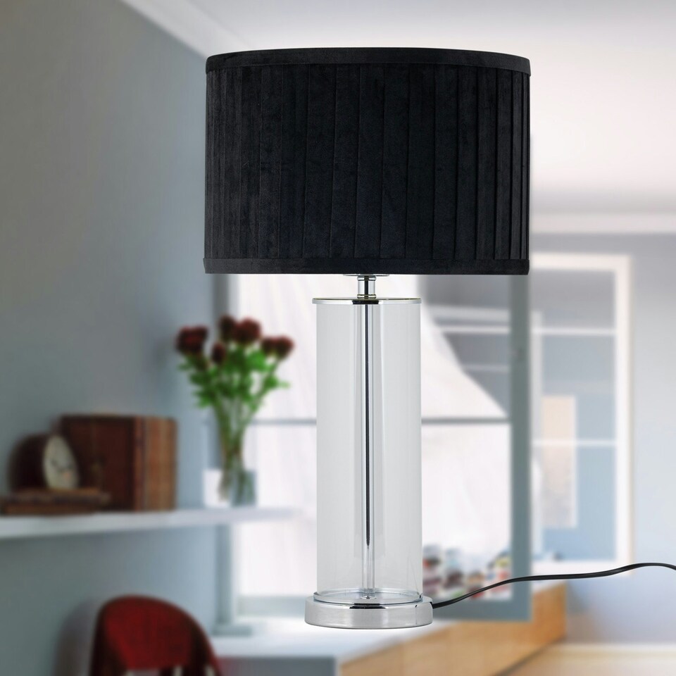 image 1 of Set of 2 Aura - Chrome Table Lamps with Black Pleated Velvet Shades Chrome | Black