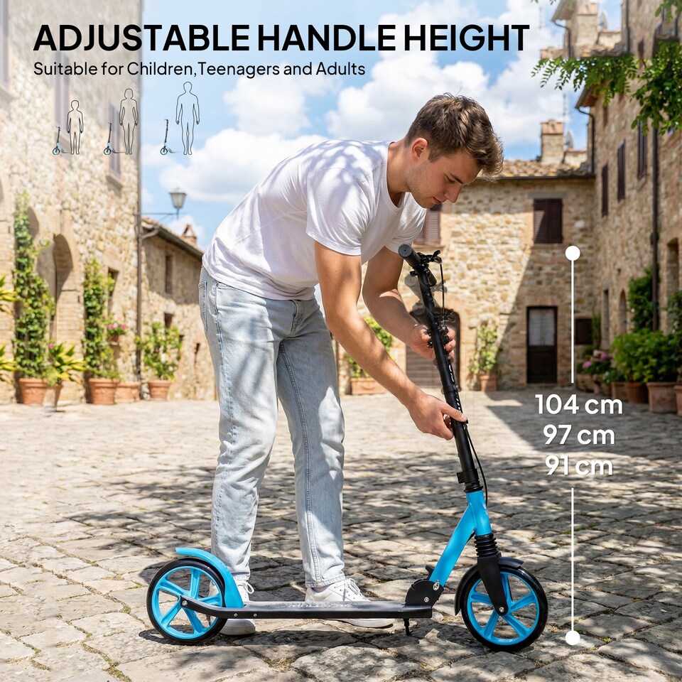 image 1 of HOMCOM Folding Kick Scooter for 14+ w/ Adjustable Height | Red | Blue and Black | 91.5L x 36.5W x 91-104H cm