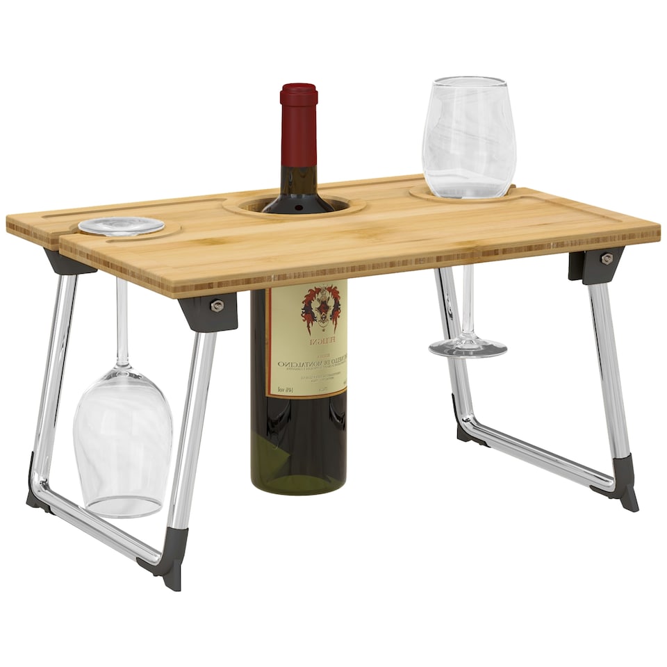 image 1 of HOMCOM Foldable Wine Picnic Table, Portable Wine Table with Bottle Holder and 2 Glass Holders, Folding Bamboo Outdoor Beach Table with Steel Legs for Hiking, Camping, Natural | White | Natural