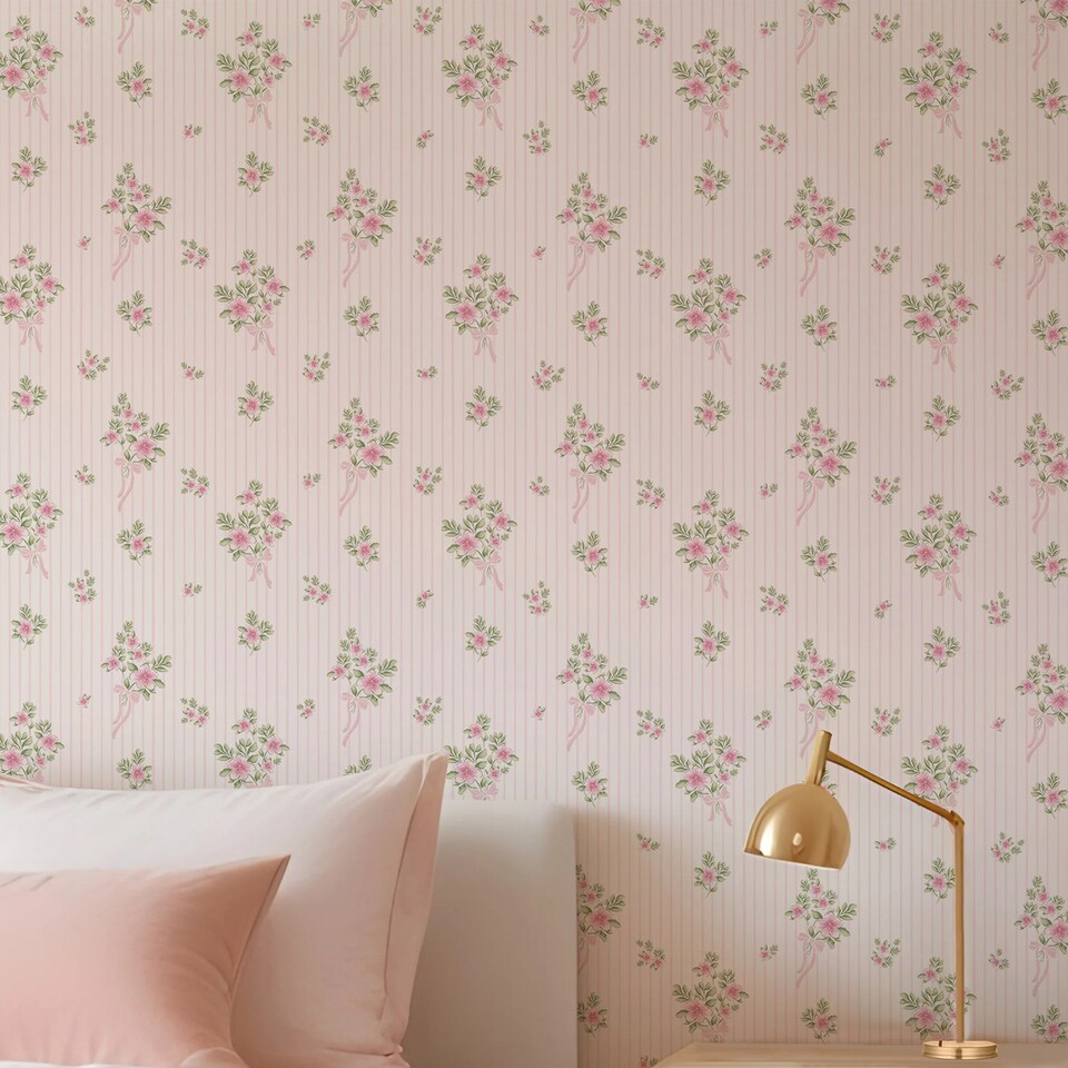image 1 of Floral Bouquet Pinstripe Wallpaper in Light Pink and Pink | Pink | Light Pink | 50cm x 10m