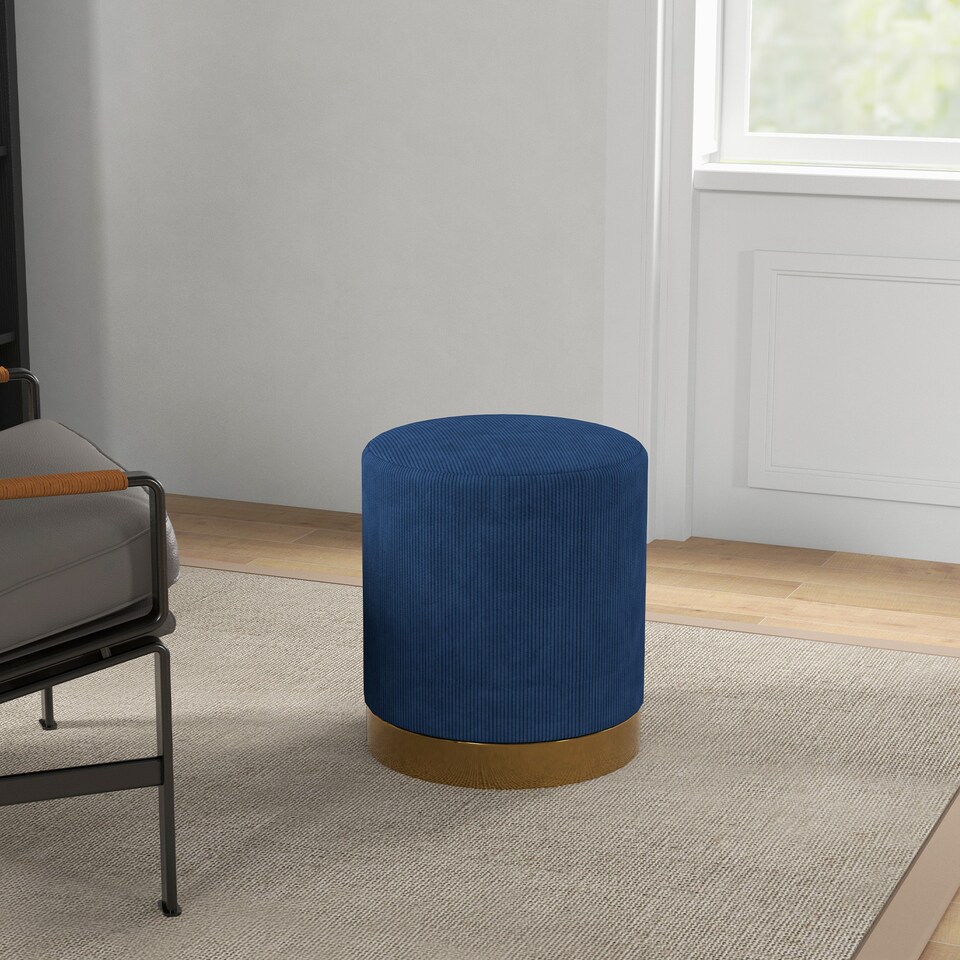 image 1 of HOMCOM Modern Round Footstool, Corduroy Fabric Upholstered Foot Stool with Padded Seat for Living Room, Entryway, Dark Blue