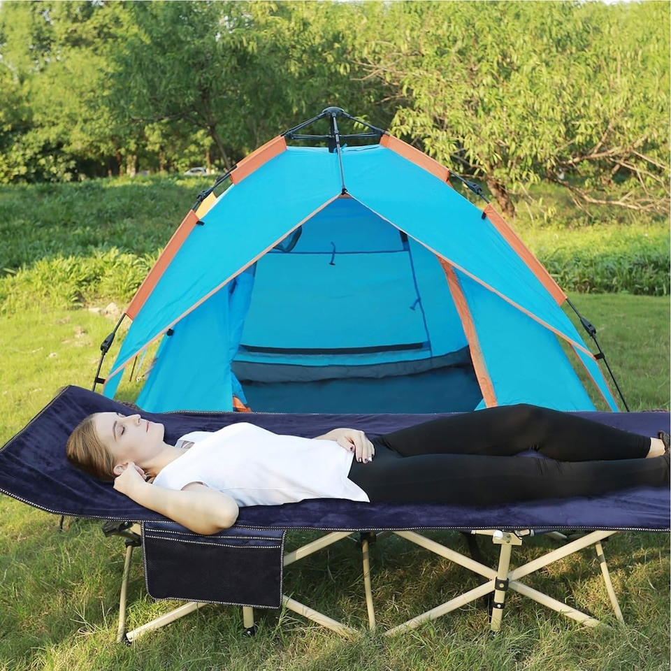 image 1 of Camping Bed Fold Away with Soft Roll Out Mattress, Pillow and Carry Case