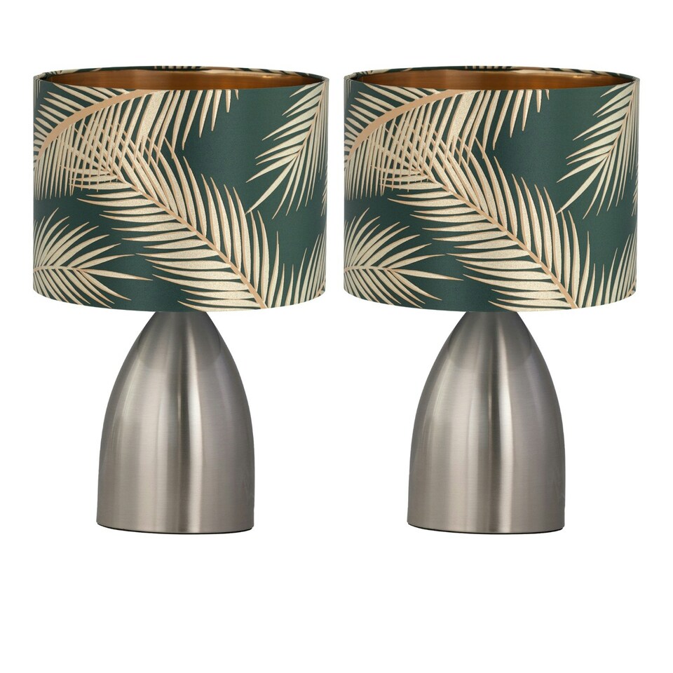 image 1 of First Choice Lighting Set of 2 Valentina Brushed Chrome Touch Lamps with Green Embossed Shades Silver | Green